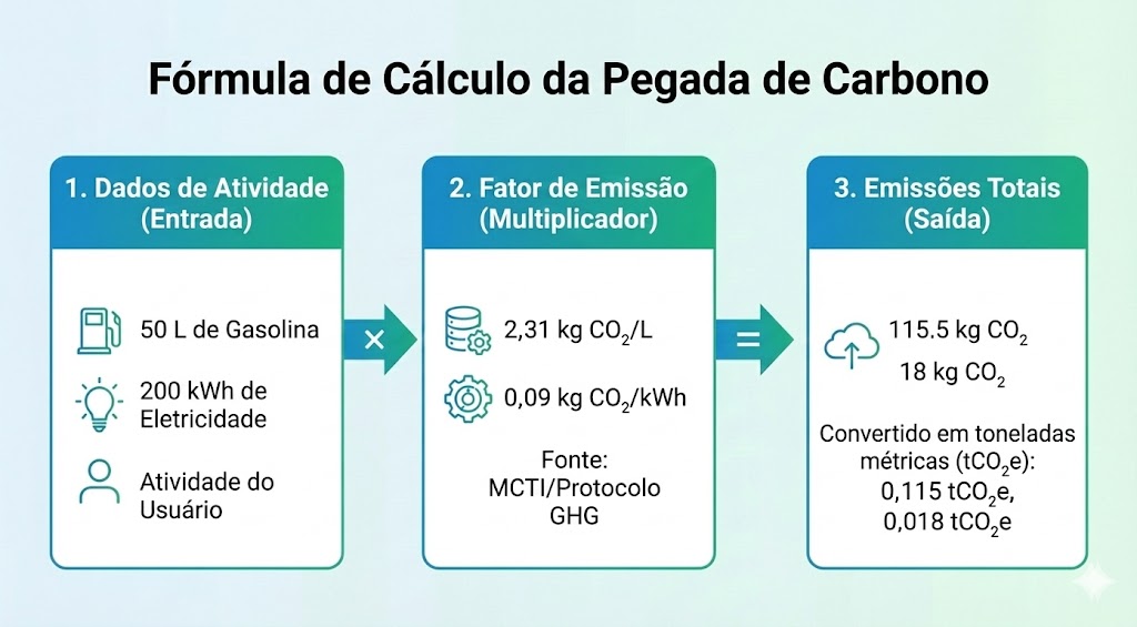 Infográfico intitulado 'Fórmula de Cálculo da Pegada de Carbono' ilustrando um processo de três etapas: 1. Inserção de dados de atividade (ex: 50L de Gasolina), 2. Multiplicação por fatores de emissão (ex: 2,31 kg CO2/L) e 3. Geração do resultado em emissões totais de CO2 e toneladas métricas (tCO2e).
