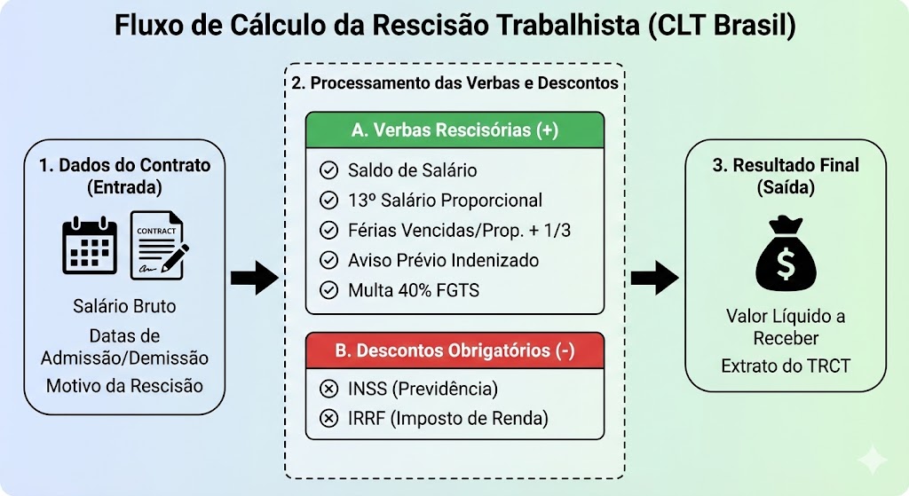 Infográfico do fluxo de rescisão trabalhista CLT 2026. O diagrama mostra o passo a passo desde a coleta de dados da CTPS Digital e eSocial, processamento das verbas rescisórias, aplicação de descontos legais até a geração do TRCT final.