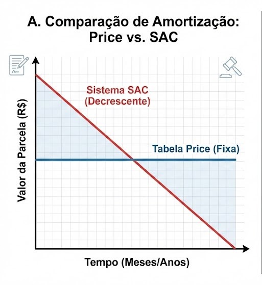 Gráfico de comparação entre amortização Price e SAC para financiamentos em 2026